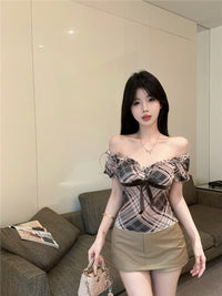 Plaid Puff Short Sleeve Blouse With Lace Trim For Women
