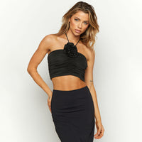 Women's Fashion Lace-up Halter Three-dimensional Flower Pleated Navel Vest