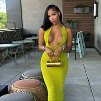 Slim-fit Deep V-neck Metal Halter Maxi Dress
