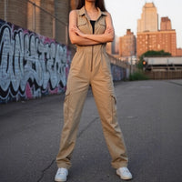 Multi-Pocket Zippered V-Neck Defined-Waist Jumpsuit