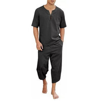 Casual V-neck Short-sleeve Top And Loose Cropped Pants Breathable Cotton-linen Athletic Set