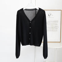 Spring And Summer V-neck Short Tencel Knitted Cardigan Pure Color All-matching