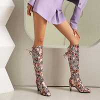 Womens Floral Patchwork Bowknot Chunky Heel Over-the-Knee Boots