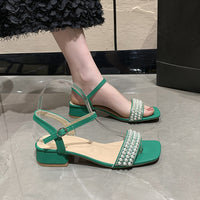 Women's Mid Heel Square Toe Ankle Strap Outerwear Sandals