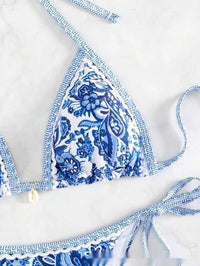 Blue And White Porcelain Printed Exercise Bikini Open Back Swimsuit Suit