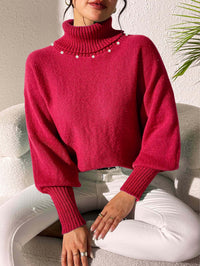 Women's Solid Color Simple Top Pearl Beaded Turtleneck Sweater Women's Base Shirt