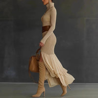 Womens High-neck Ribbed Midi Dress For Spring Autumn And Winter European And American Style
