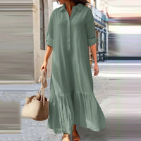 Long Asymmetrical Cotton Linen Dress With A Shirt Collar And Twist Buttons
