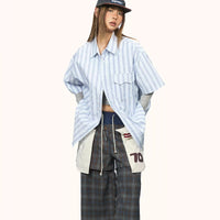 Blue Striped Short-sleeved Shirt Women's Loose Casual