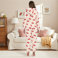 Flannel Thickened Cute Cherry Print Women's Jumpsuit Pajamas