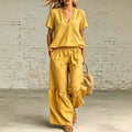 Womens Casual Solid Color V-Neck Loose Short-Sleeve Pants Set