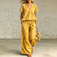 Womens Casual Solid Color V-Neck Loose Short-Sleeve Pants Set