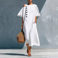 Solid-color Linen Crew-neck Short-sleeve Casual Dress For Women