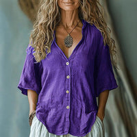 Women's Five-quarter-sleeve Single-breasted Linen Shirt