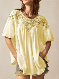 Lace-panelled Round-neck Short-sleeve Loose Womens Blouse