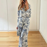 Womens Fashion Printed Color-block Top And Pants Set