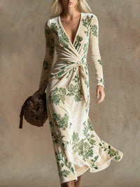 Womens V-neck Long-sleeve Maxi Dress