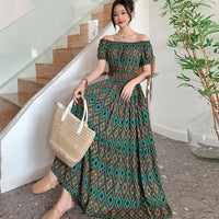 Summer Ethnic-style Elastic-waist Beach Bohemian Shoulder Dress