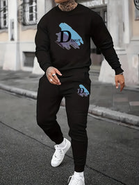 Sports Men's Clothing Casual Retro Digital Printed Round Neck Sweater Suit