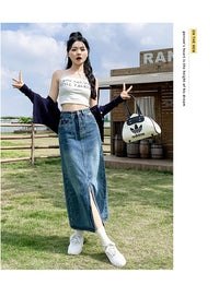 Front Slit High Waist Denim Skirt For Women