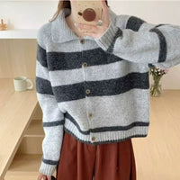 Women's Retro Contrast Color Striped Lapel Sweater Cardigan Coat