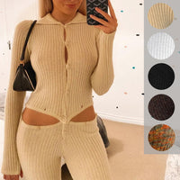 Long Sleeve Buttoned Two Wear Woolen Jumpsuit