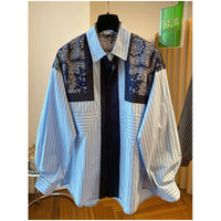 Loose-fit Casual Retro Ethnic-Style Printed Blue Striped Long-Sleeve Shirt For Women