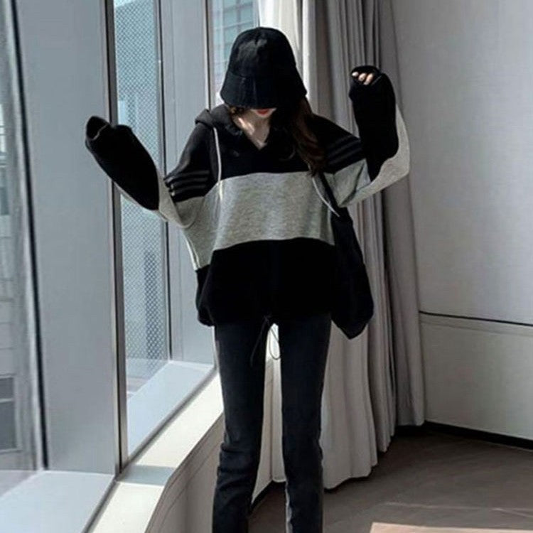 Korean Style Stitching Hooded Loose Pullover Top