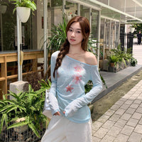Sweet Floral Print Off-Shoulder Sheer Blouse Long-Sleeve T-Shirt Womens Sun-Protective Off-Shoulder Top