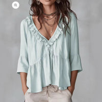 Ruffle-trimmed Puff-sleeve Pleated Blouse