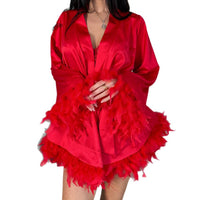 Feather-print Long-sleeve Nightgown Luxurious Sleepwear Womens Loungewear