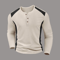 Men's Waffle-Weave Two-Tone Turtleneck Button-Up Long-Sleeve Top