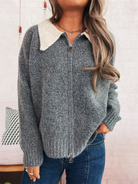 Cute Doll Collar Contrast Color Long Sleeves Zipper Casual Sweater