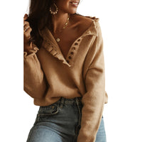 New Style Frill Button Knitted Pullover Crew Neck Sweater Women