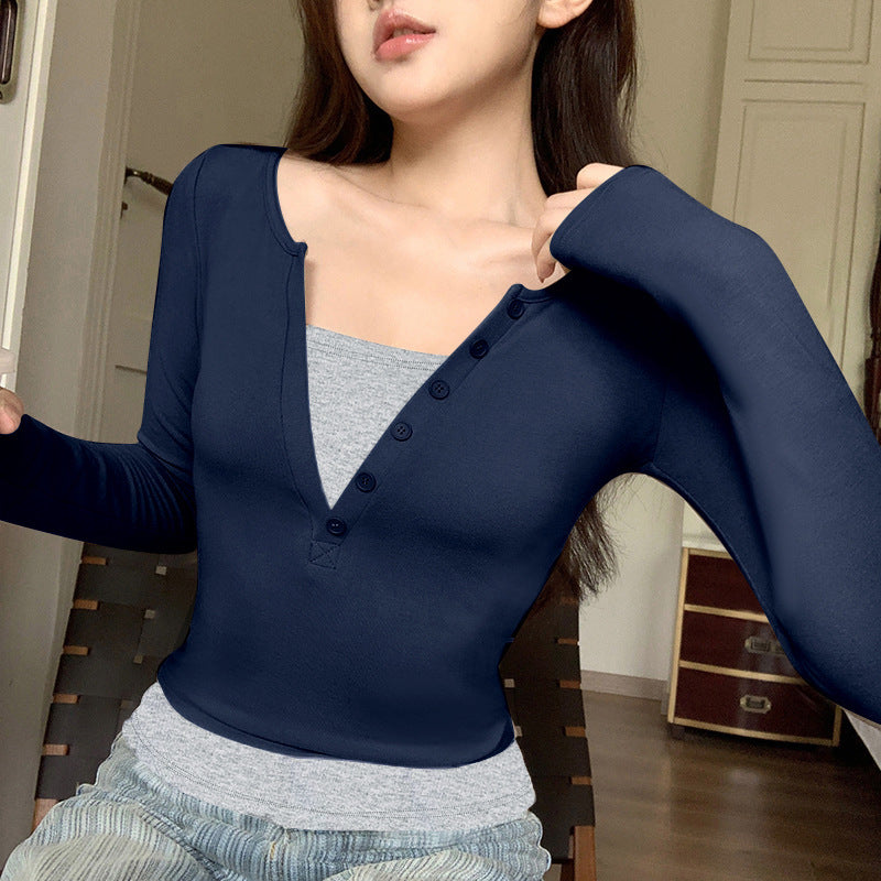 Color Contrast Patchwork Fake Two Pieces Long Sleeve Slim-fit Top