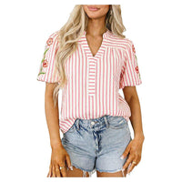 Women's Loose-Fit Fashionable V-Neck Striped Top