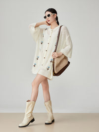 Women's White Floral Embroidered Short-sleeved Knitted Cardigan