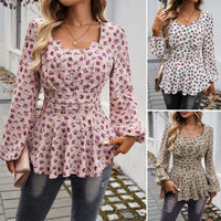 Women's Bubble Sleeve Mori Style Elegant Floral Print Long Sleeve Top