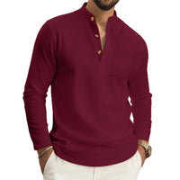 Waffle-pattern Solid-color Stand-up Collar With Long Placket And Buttons Long Sleeves