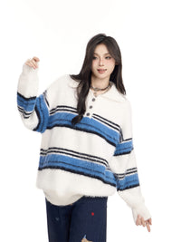 American-style Vintage Stripe Lapel Half Zipper Sweater