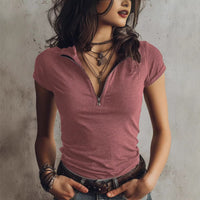 Womens Knitted Fabric Elegant Zip-Neck Short-Sleeve Top