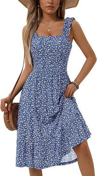 Womens Elegant Square-Neck Floral A-Line Sleeveless Dress
