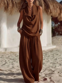 Solid-color Women's Flowing Collar Two-piece Set