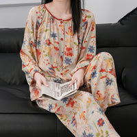 Womens Loose-Fit Long-Sleeve Long-Pants Printed Loungewear Set