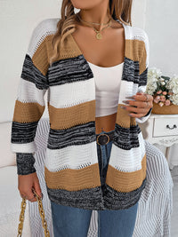 Women Casual Color Block Stripe Lantern Sleeve Cardigan Sweater Coat