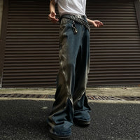 Men's Loose Double Zipper Yellow Mud Color Slightly Flared Jeans