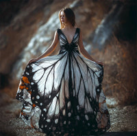 Womens V-Neck Creatively Printed Mid-Length Fairy-Like Dress