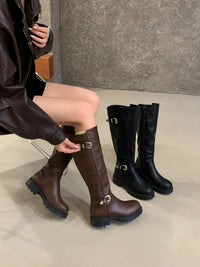Vintage Women's Leather Belt Buckle Side-zip Fashion Boots