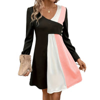 Contrast Color V Neck Long Sleeve Button Up Dress