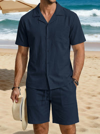 Men's Vacation Cotton-Linen Casual Loose-Fit Long-Sleeve Shirt And Beach Shorts Set